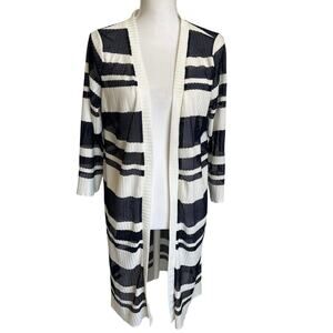 Ana & Kate Cardigan Large Navy White Mesh Stripe Open Knit Lightweight Long